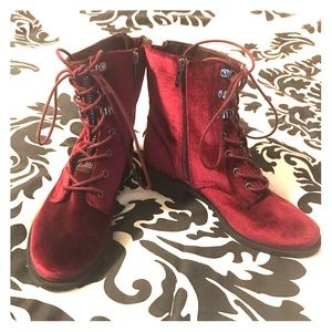 Burgundy Velvet Combat Boots
